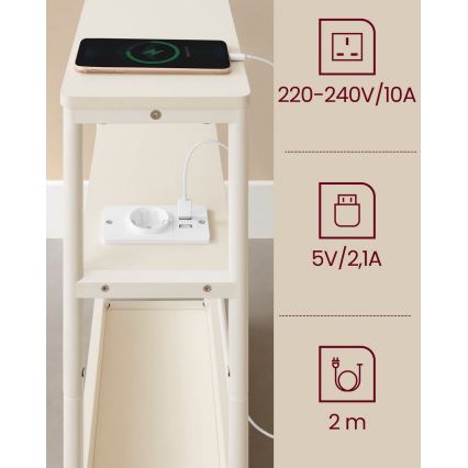 Praktični stolić s ugrađenom utičnicom i USB priključcima ROD, bijela/krem