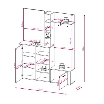 Predsobni zid s ogledalom KEVIN smeđa/crna