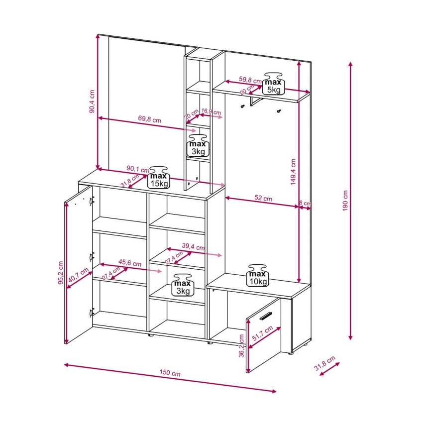 Predsobni zid s ogledalom KEVIN smeđa/crna