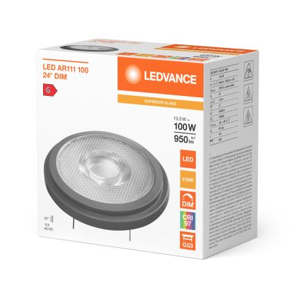 Prigušivačka LED žarulja AR111 G53/13,5W/12V 2700K 24° CRI 97 - Ledvance