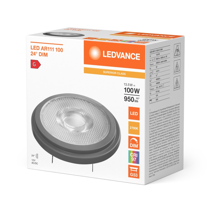 Prigušivačka LED žarulja AR111 G53/13,5W/12V 2700K 24° CRI 97 - Ledvance