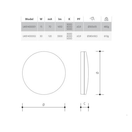 LED prigušivo kupaonsko stropno svjetlo, 15 W, 230 V, 3000/4000/5000 K, promjer 30 cm, IP54