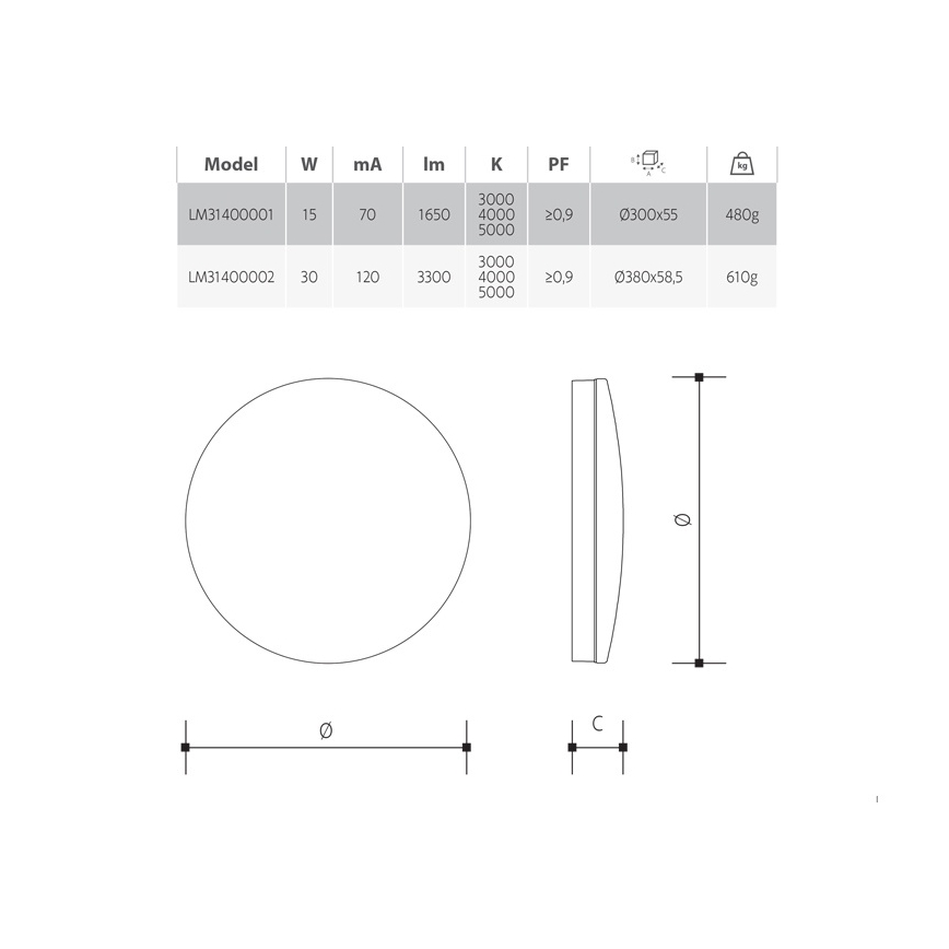 LED prigušivo kupaonsko stropno svjetlo, 15 W, 230 V, 3000/4000/5000 K, promjer 30 cm, IP54