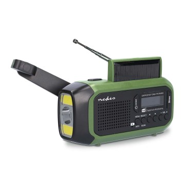 Prijenosno DAB+/FM radio s ručicom za navijanje, solarnim panelom i LED svjetiljkom, 5V/2500 mAh, zelena/crna