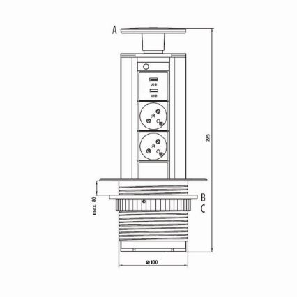 Priključni stup s utičnicama za ploču stola 2x230V +USB-A 3,1A +UBS-C 15,5W 230V