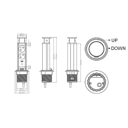 Priključni stupac s utičnicama za stolnu ploču 2x230V + USB-A + USB-C