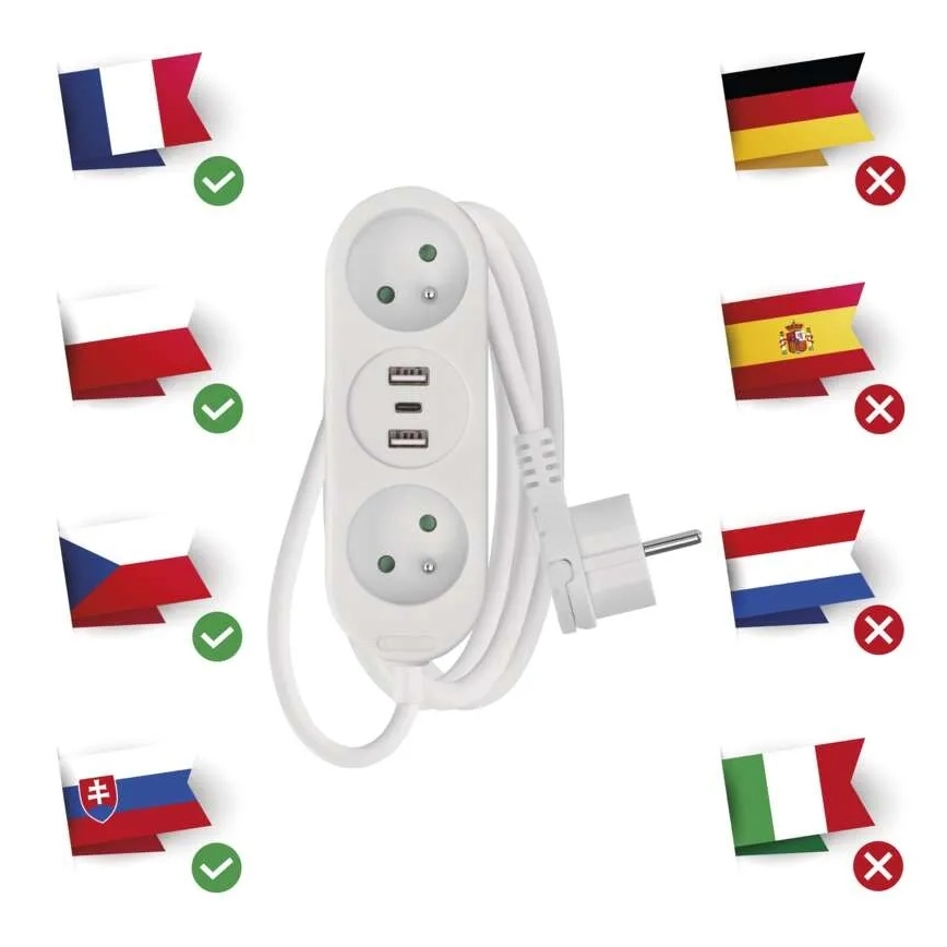 Produžni kabel 2 utičnice + 2x USB-A + USB-C 1,4 m