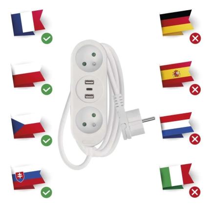 Produžni kabel 2Z + 2x USB-A + USB-C 1,4 m