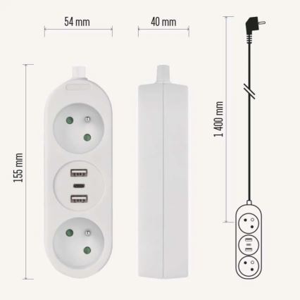Produžni kabel 2Z + 2x USB-A + USB-C 1,4 m