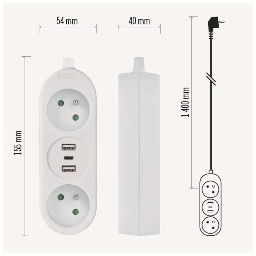 Produžni kabel 2Z + 2x USB-A + USB-C 1,4 m