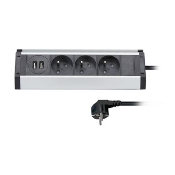 Produžni kabel 3Z + 2xUSB 1,5 m aluminij/crna