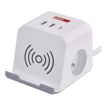 Produžni kabel kocka s bežičnim punjenjem QI 2Z +2xUSB-A+1xUSB-C 2m bijela