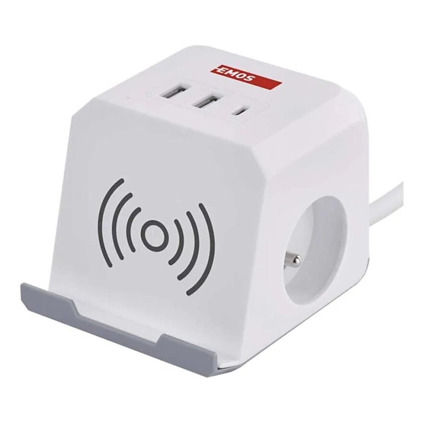 Produžni kabel kocka s bežičnim punjenjem QI 2Z +2xUSB-A+1xUSB-C 2m bijela