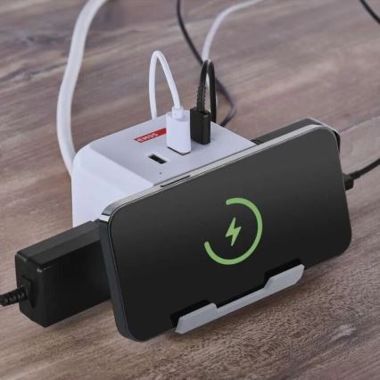Produžni kabel kocka s bežičnim punjenjem QI 2Z +2xUSB-A+1xUSB-C 2m bijela