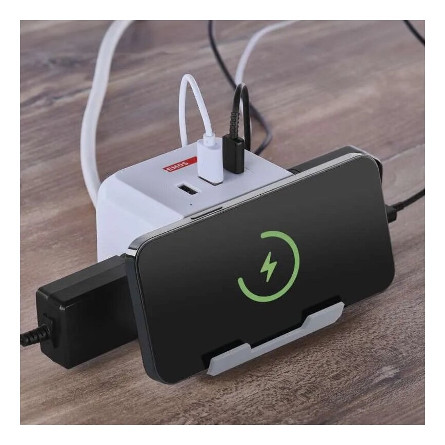 Produžni kabel kocka s bežičnim punjenjem QI 2Z +2xUSB-A+1xUSB-C 2m bijela