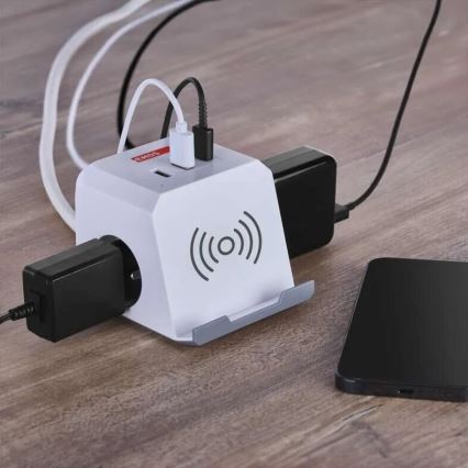 Produžni kabel kocka s bežičnim punjenjem QI 2Z +2xUSB-A+1xUSB-C 2m bijela