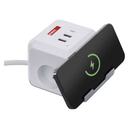 Produžni kabel kocka s bežičnim punjenjem QI 2Z +2xUSB-A+1xUSB-C 2m bijela