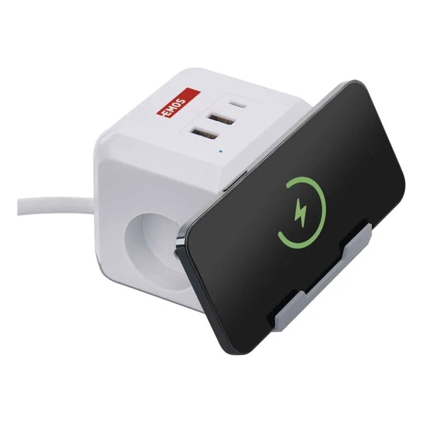 Produžni kabel kocka s bežičnim punjenjem QI 2Z +2xUSB-A+1xUSB-C 2m bijela