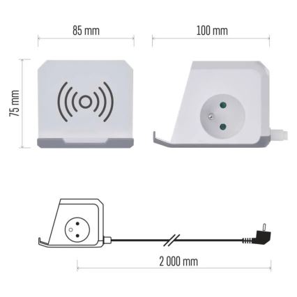 Produžni kabel kocka s bežičnim punjenjem QI 2Z +2xUSB-A+1xUSB-C 2m bijela