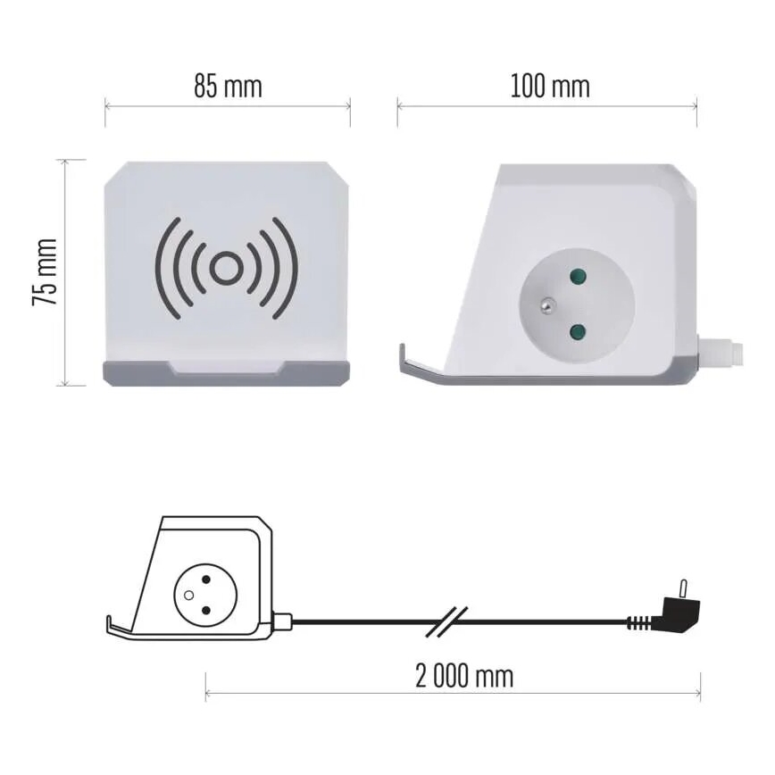 Produžni kabel kocka s bežičnim punjenjem QI 2Z +2xUSB-A+1xUSB-C 2m bijela