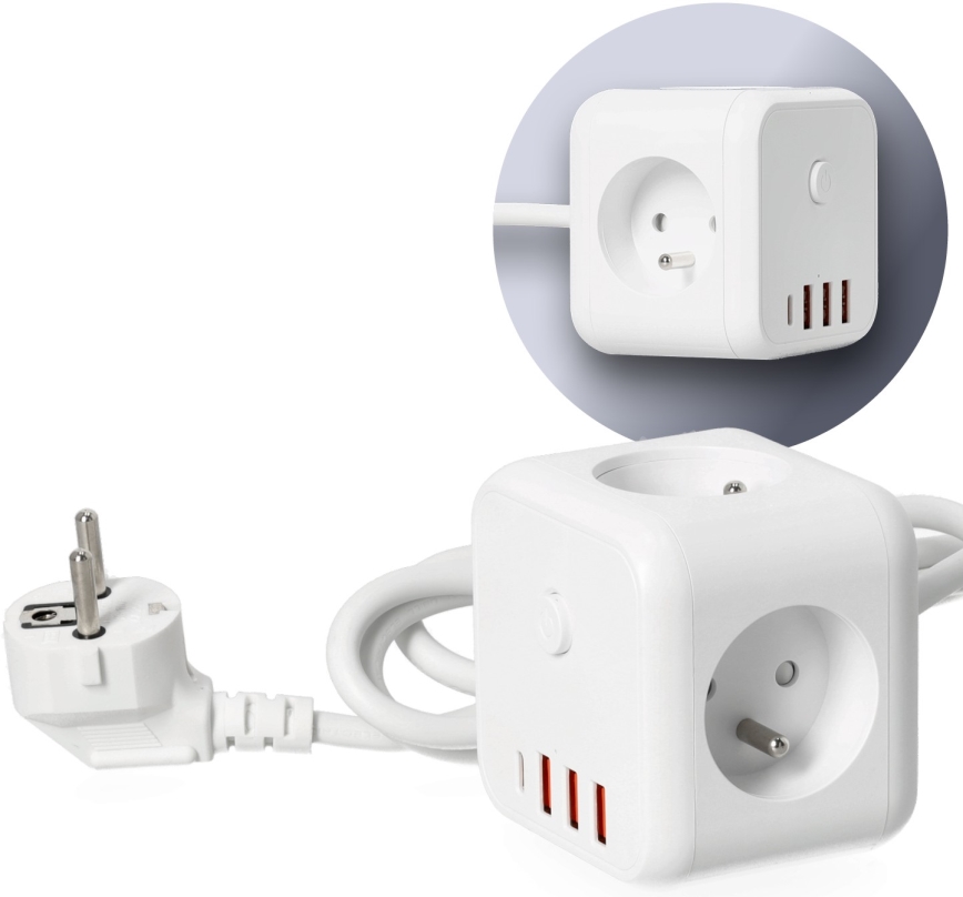 Produžni kabel kocka s prekidačem LINEA 3x230V + 4xUSB A/C bijela