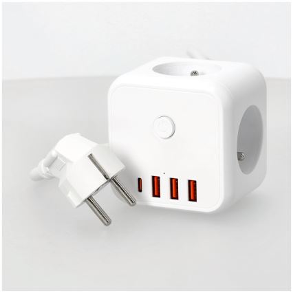 Produžni kabel kocka s prekidačem LINEA 3x230V + 4xUSB A/C bijela