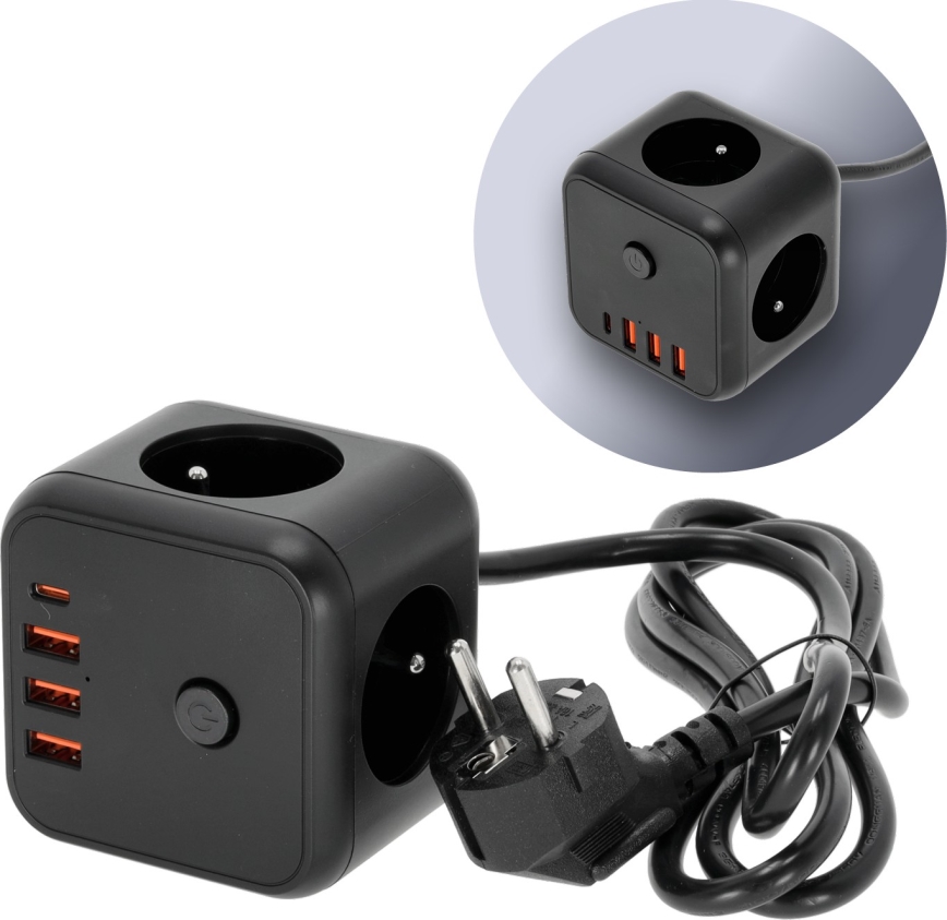 Produžni kabel kocka s prekidačem LINEA 3x230V + 4xUSB A/C crna