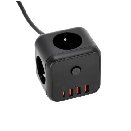 Produžni kabel kocka s prekidačem LINEA 3x230V + 4xUSB A/C crna