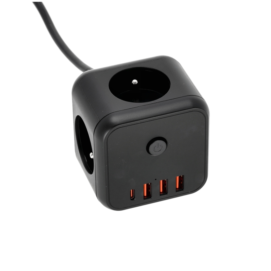 Produžni kabel kocka s prekidačem LINEA 3x230V + 4xUSB A/C crna