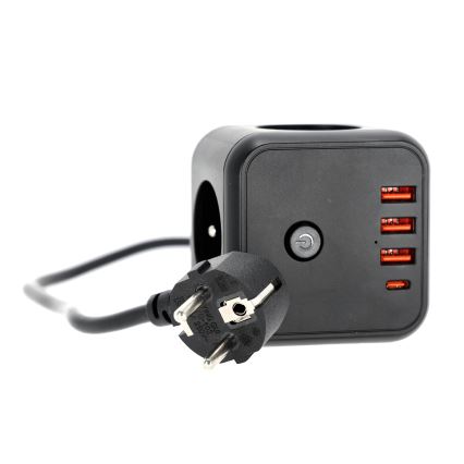 Produžni kabel kocka s prekidačem LINEA 3x230V + 4xUSB A/C crna