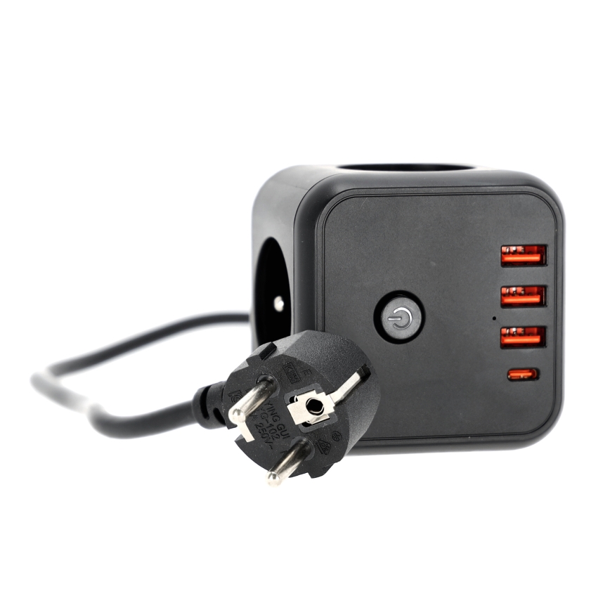 Produžni kabel kocka s prekidačem LINEA 3x230V + 4xUSB A/C crna