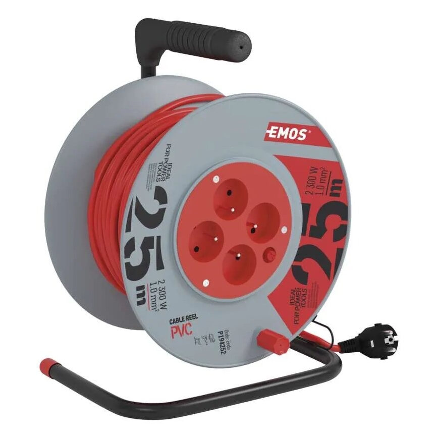 Produžni kabel na bubnju s 4 utičnice 25m siva/crvena