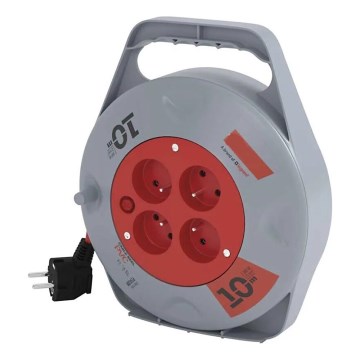 Produžni kabel na kolutu, 4 utičnice, 10 m, siva/crvena