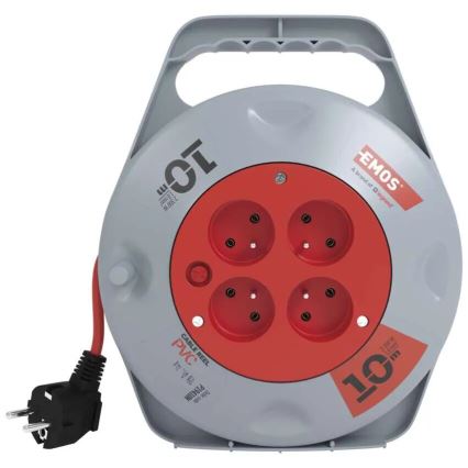 Produžni kabel na kolutu, 4 utičnice, 10 m, siva/crvena