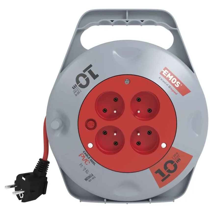 Produžni kabel na kolutu, 4 utičnice, 10 m, siva/crvena