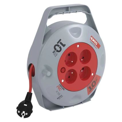 Produžni kabel na kolutu, 4 utičnice, 10 m, siva/crvena