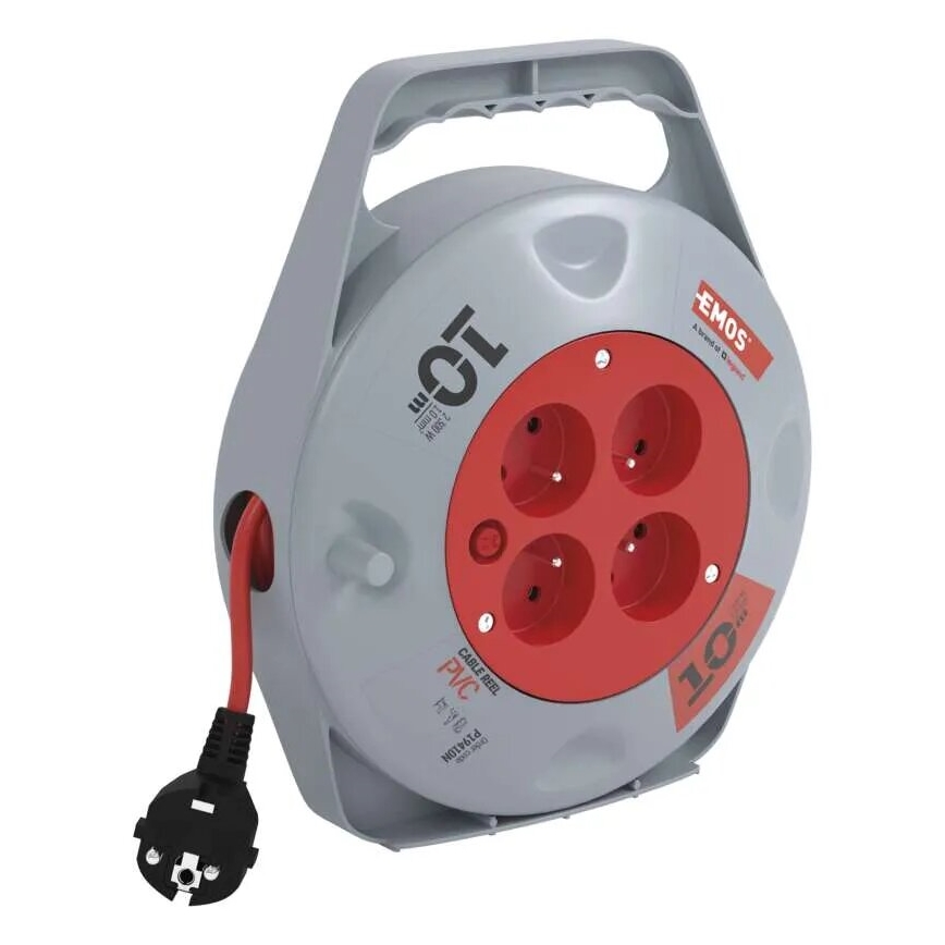 Produžni kabel na kolutu, 4 utičnice, 10 m, siva/crvena