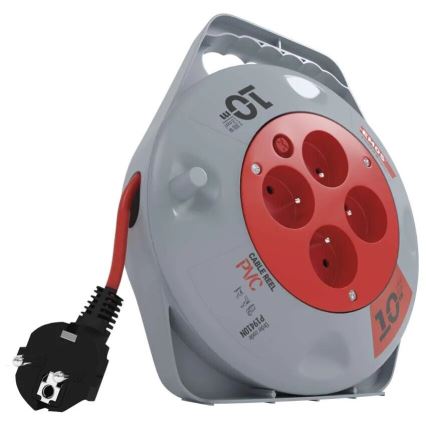 Produžni kabel na kolutu, 4 utičnice, 10 m, siva/crvena