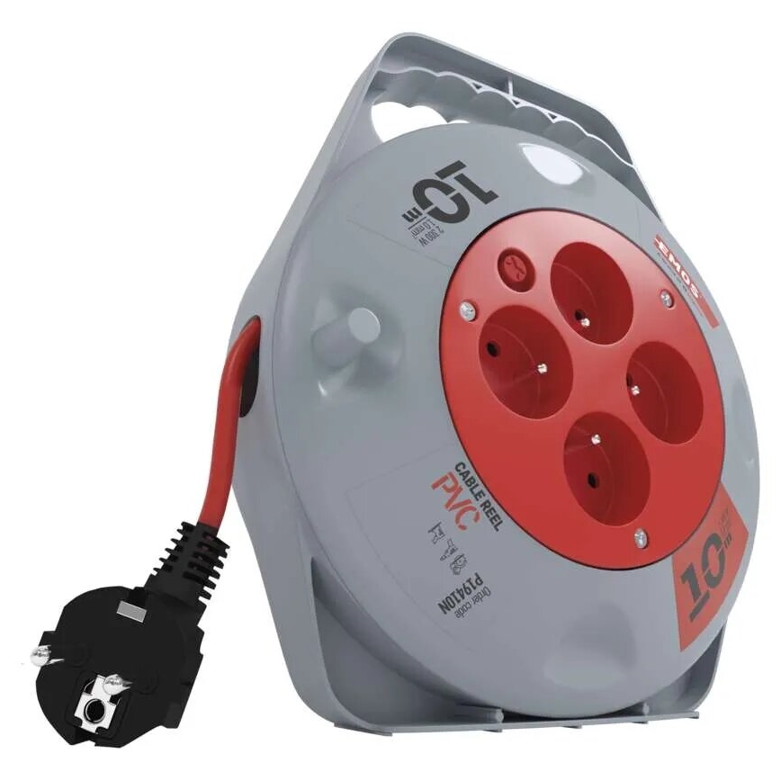 Produžni kabel na kolutu, 4 utičnice, 10 m, siva/crvena