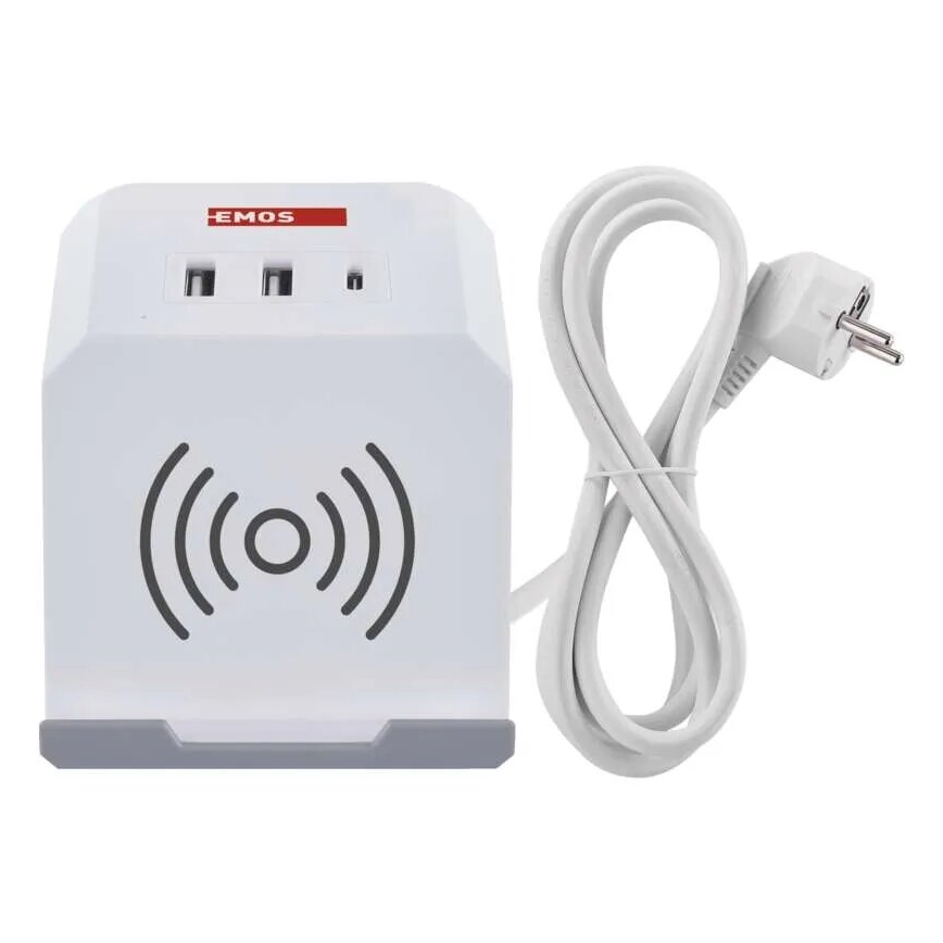 Produžni kabel s utičnicom i bežičnim QI punjenjem 2Z + 2xUSB-A + 1xUSB-C 2m bijeli