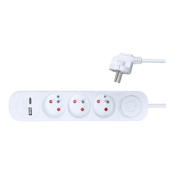 Produžni kabel s prekidačem 3 utičnice + 2x USB, 2 m, bijela