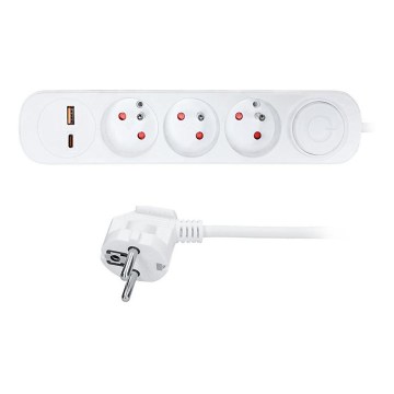 Produžni kabel s prekidačem, 3 utičnice, s USB-A i USB-C za punjenje, 2 m