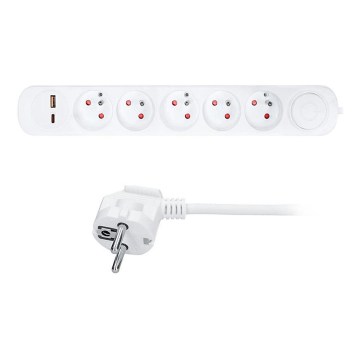 Produžni kabel s prekidačem, 5 utičnica i USB‑A/USB‑C za punjenje, 3 m