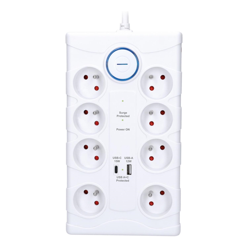 Produžni kabel s prekidačem i prenaponskom zaštitom 8Z Tip E + 1x USB-A + 1x USB-C 2 m bijeli