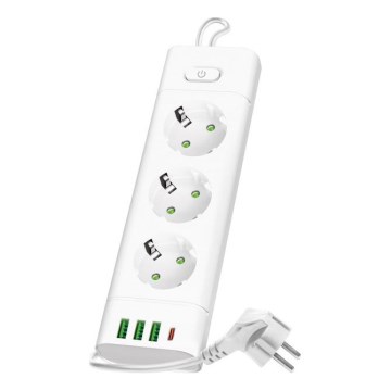 Produžni kabel s prekidačem LINEA PRO 3x230V+ 3xUSB-A + 1xUSB-C SCHUKO 1,5 m bijeli