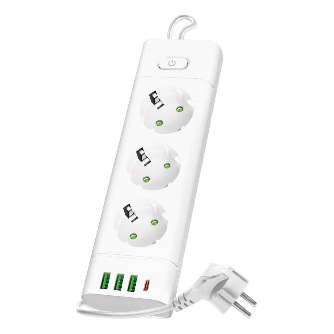 Produžni kabel s prekidačem LINEA PRO 3x230V+ 3xUSB-A + 1xUSB-C SCHUKO 1,5 m bijeli