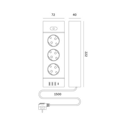 Produžni kabel s prekidačem LINEA PRO 3x230V+ 3xUSB-A + 1xUSB-C SCHUKO 1,5 m bijeli