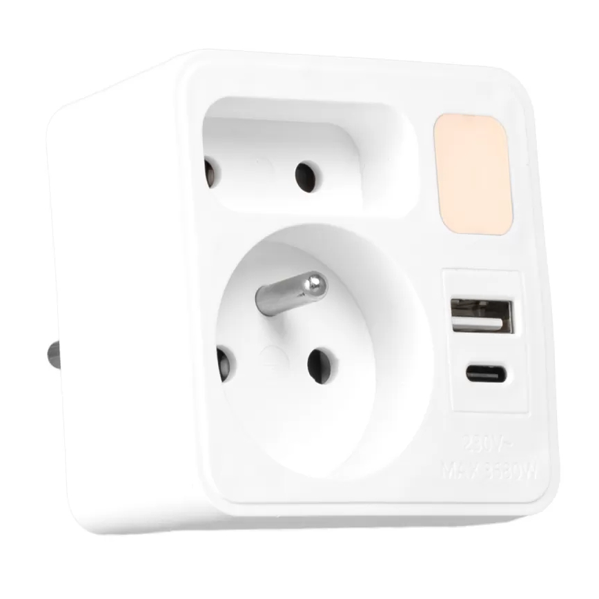 Razdjelnik s 2 utičnicama + USB-C + USB-A i LED osvjetljenjem LED/0,5W/230V 3000K