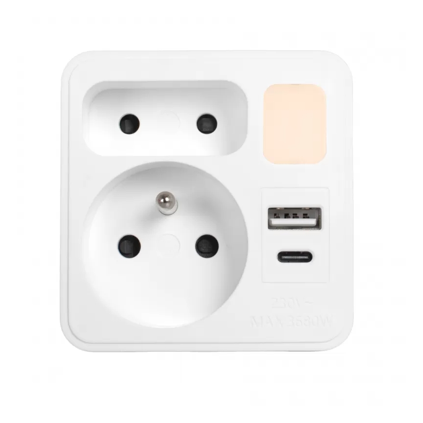 Razdjelnik s 2 utičnicama + USB-C + USB-A i LED osvjetljenjem LED/0,5W/230V 3000K