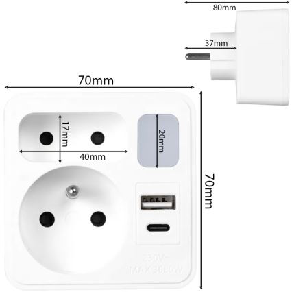 Razdjelnik s 2 utičnicama + USB-C + USB-A i LED osvjetljenjem LED/0,5W/230V 3000K